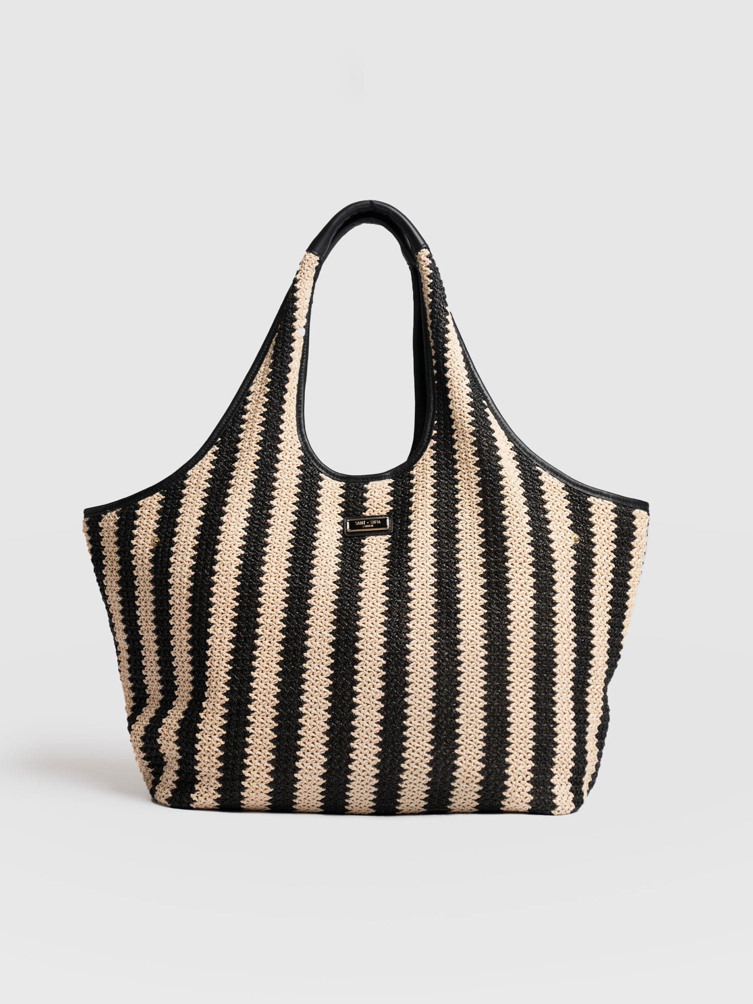 Large Stella Shoulder Tote Bag - Beige/Black Raffia